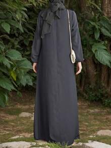 Women's Black Long Sleeve Knitted Robe, Round Neck Regular Sleeve Arabic Robe, Comfortable Non-Sheer Fabric Spring - Grey - View 2