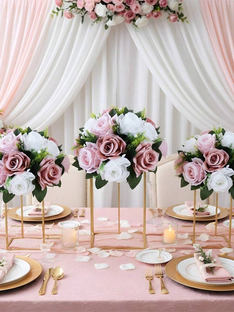 2 Packs Artificial Flower Ball Arrangement Bouquet, 15 Heads Plastic Roses With Base, Suitable For Wedding Centerpiece Flower Rack For Parties Valentine's Day Home Decor - 淺粉 - 查看 1