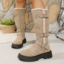 Ghete damă confortabile cu toc gros și cataramă, pereche nouă de iarnă versatilă cu jachetă cu puf, rochie, cizme western casual, căptușeală groasă din blană artificială, negre, până la jumătatea gambei, înălțimea tocului de 4 cm, fermoar - Caisă - Vizualizare 8