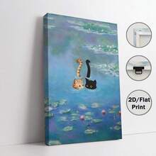 莫奈睡莲场景中的奇特橙色和黑色猫帆布艺术印刷品 - 鲜艳的蓝色和绿色，无框墙面装饰，适合客厅、卧室、厨房、办公室或咖啡厅 - 完美的情人节礼物，客厅艺术品 | 莫奈风格艺术 | 鲜艳的色彩艺术，猫咪装饰 - 彩色 - 查看 6