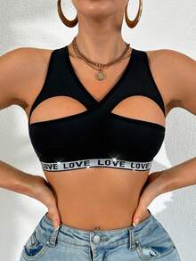 Women's Sports Bra With Criss-Cross Love Metallic Strap Design - Black - View 3