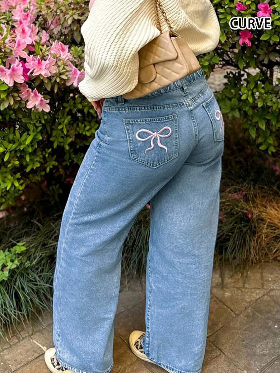 Jeans rectos de mujer con cintura elástica, estampado de moño, lavado, de talla grande, de estilo casual de moda Y2K, diseño de calle europeo y americano para primavera - Azul lavado medio - Ver 1