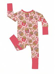 Baby Bamboo Fiber Zip-Up, Valentine's Day Heart-Shaped French Fries Print Romper, All-Season Knit Fabric Skinny Fit With Zipper Detail, Baby Girl Spring Autumn Clothes, Perfect For Outdoor Gift. - 西瓜粉 - 查看 2