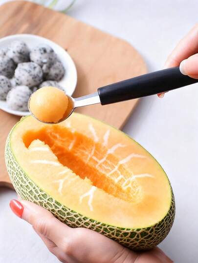 2 stycken dubbelhövdade fruktglassbollar och skedar, fruktbollar i rostfritt stål, släta runda melonbollar och melonskedar, lämpliga för vattenmelon, glass, frukt, glasspinnar, köttbullar