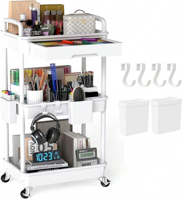 SPACEKEEPER 3 Tier Rolling Storage Cart With Drawers Rolling Utility Cart With Drawers,Room Decor,Bathroom Decor,Rolling Utility Cart Rolling Storage Organizer Tool For Kitchen,Bathroom,Living Room,Office Outdoor Decor