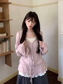 抽绳镂空针织开衫，宽松休闲秋季女款 - 粉色 - 查看 4
