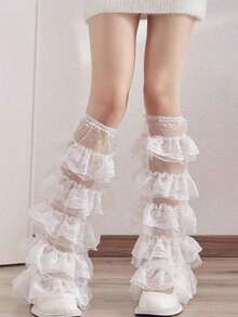1 Pair Women's Y2K Knit Chic Solid Color Cute Student Lolita Princess White Lace Trim Cake Mesh Leg Warmers Autumn Accessories - 均碼 - 查看 3