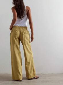 Boho Mustard Yellow Wide Leg Pants Women High Waist Utility Pocket Cotton Bottoms Festival Vacation Outfits - 淡黃色 - 查看 2