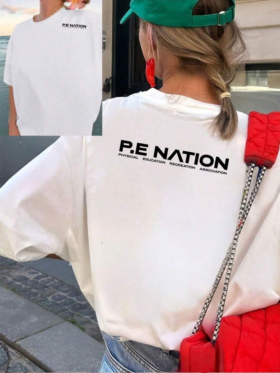 1 Pcs Women's P.E NATION T-Shirt - Front And Back Printed Top, Breathable Round Neck Short Sleeve Casual T-Shirt, Suitable For Casual Outfits And Layering - Spring And Summer Clothing (Machine Washable) - White With Black Letters - Suitable For Physical Education And Casual Outfits - Women's Fashion T-Shirt With P.E Nation Letter, Loose Fit Suitable For Warm Weather, Women's Tops And Shirts, Women's Tops, Women's T-Shirts, Women's Tops, Women's Tops And Shirts, Women's Shirts, Christmas, Women's T-Shirts, Women's Tops, Women's Clothing Comfortable - trắng - Xem 1
