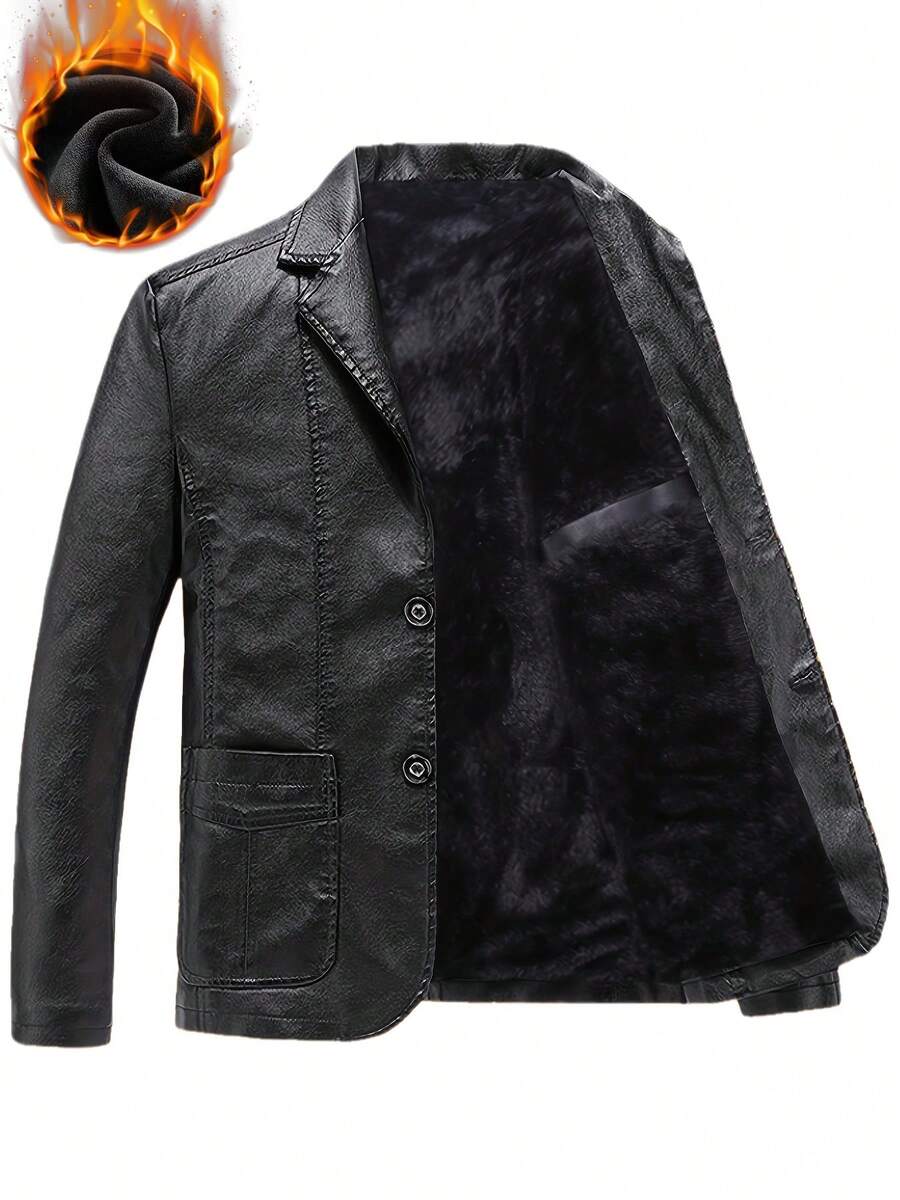 Men's Autumn/Winter Faux Leather Jacket, Black Suit Blazer, Thermal Lined, Thickened Single-Breasted
