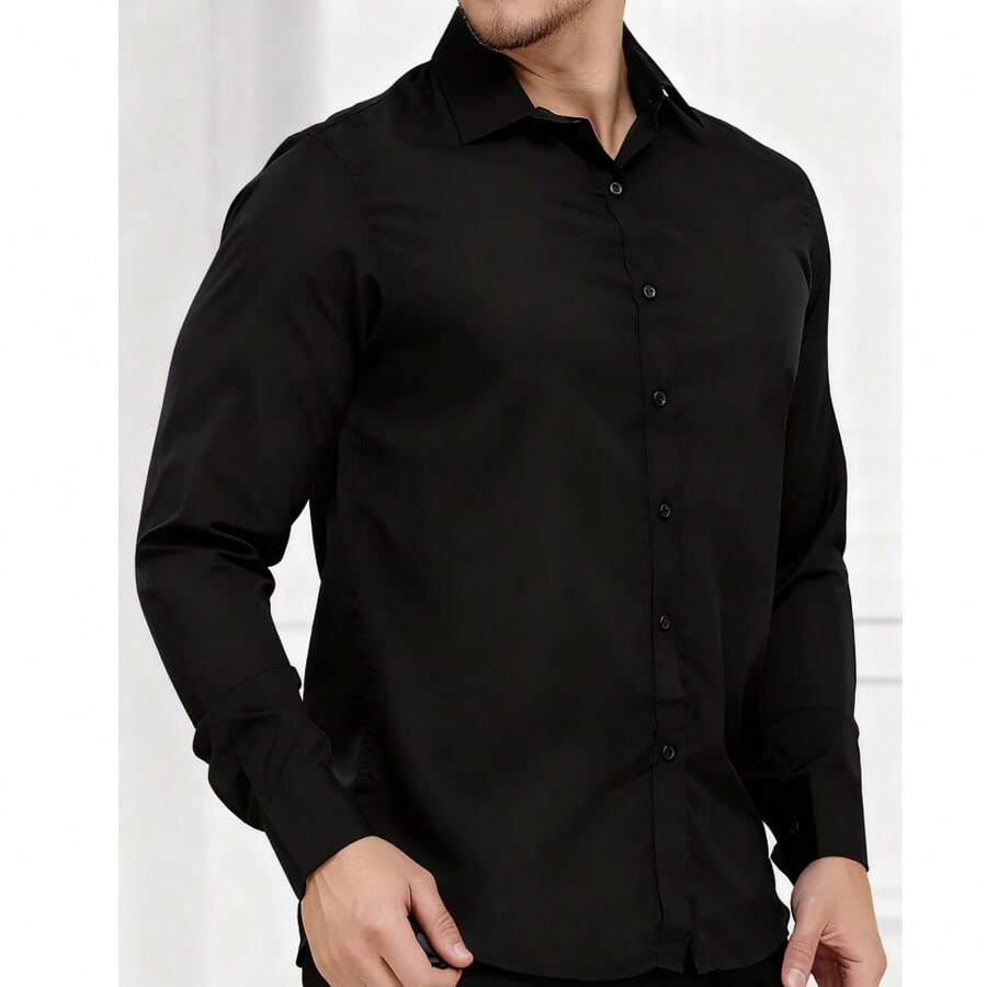 Men's Long-Sleeved Slim Fit Shirt, Luxury Premium Style, Wrinkle-Free - 黑色 - 查看 1
