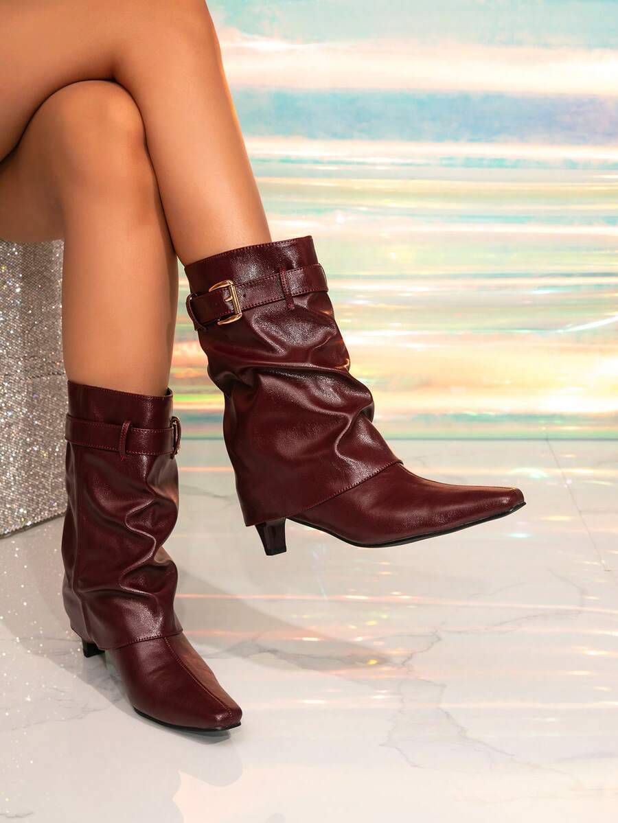 女士尖头褶裥西部风格搭扣装饰优雅中筒靴，时尚女士短跟鞋 - 酒紅色 - 查看 1