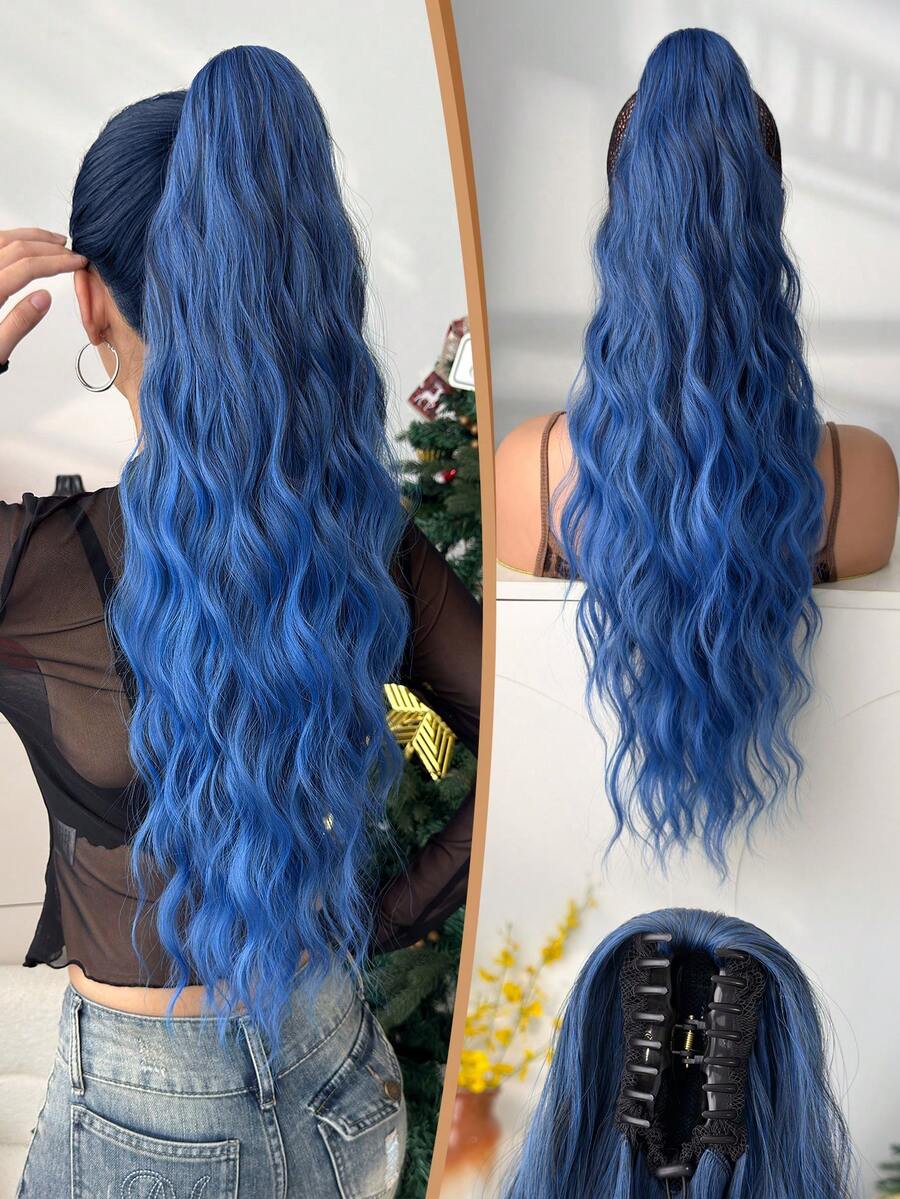 24英寸蓝色波浪形热熔纤维合成马尾假发，爪形，适合女性在圣诞节、万圣节派对和日常场合佩戴