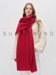 1pc Women's Solid Color Polyester Soft & Warm Scarf, For Daily Use - Red - View 6