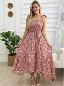 女士优雅印花连衣裙，肩部系带松紧腰不对称下摆设计，适合日常下午茶、外出、居家休闲、朋友聚会、办公、度假等场合，夏季穿着。 - 彩色 - 查看 6