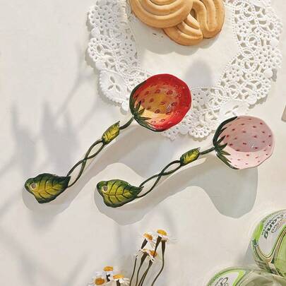 2 Pc Creative And Fashionable Ceramic Strawberry Spoon For Household Use Suitable For Soup And Dessert