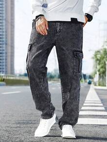 Vaqueros de trabajo lavados informales para hombre - Gris - Ver 5