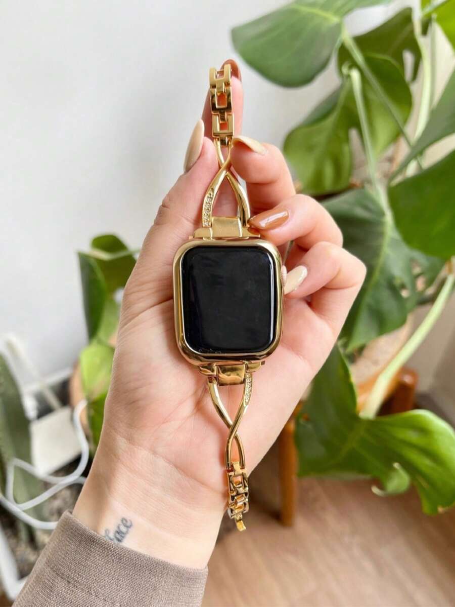 1 chiếc dây đeo đồng hồ kim loại hình chữ X đính đá pha lê dành cho nữ, tương thích với Apple Watch 38/40/41/42/44/45/49/46mm Ultra2/Ultra/SE/10/9/8/7/6/5/4/3/2/1 - Vàng - Xem 1