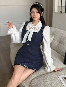 abyoxi 女士蓝色方领无袖复古A字连衣裙，采用粗花呢针织面料和单排扣设计，休闲、优雅、约会、派对、返校、短款连衣裙 - 藏蓝色 - 查看 4