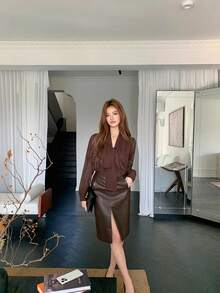 新款雪纺系带V领衬衫，纯色，显瘦，适合办公室和日常穿着，春秋季 - 咖啡棕 - 查看 8