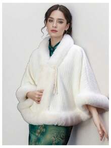Large Solid Color Shawl - Retro Style Women's Loose Fitting Pearl Button Single Jacket, Faux Mink Fur Lining With Fleece Collar, Sleeveless Warm Jacket Suitable For Qipao Skirt - 乳白色 - 查看 2