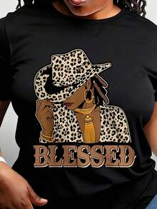 1pc Women's Cowgirl T-Shirt -  African Christian Western Style With Leopard Print & Golden Chain, Golden Hoop Earring-Like Collar, Short Sleeve Crew Neck Casual Church Outfit, Golden-Toned  Lettering (Hand Washable - 黑色 - 查看 1