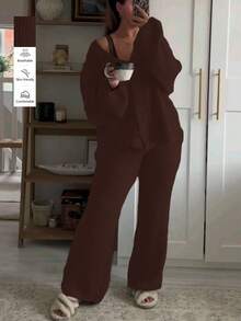 女士休闲可爱开衫针织衫上衣针织裤套装家居居家服舒适时尚秋冬外出穿搭 - 棕色 - 查看 3
