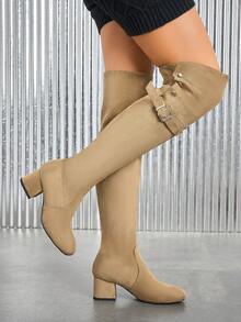 Botas altas delgadas de moda para mujer, nuevas botas de montar hasta la rodilla para otoño/invierno, botas altas versátiles de tacón grueso y alto, botas altas de tacón medio cuadrado y elásticas - Albaricoque - Ver 4