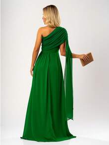 Luara Bridesmaid Long Dress In Shiny Chiffon With Thin Straps And Elegant Slit - Verde - Ver 3