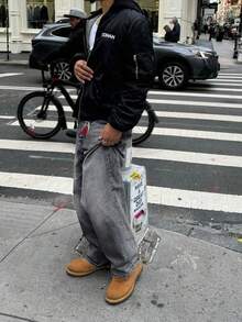 男士宽松水洗牛仔裤，阔腿休闲日常棉质裤，时尚牛仔裤 - 灰色 - 查看 3