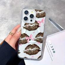 Funda magnética transparente con estampado de leopardo, estampado de labios y lazo, compatible con Samsung S22 S22PLUS S23 S23PLUS S23ULTRA S24 S24FE S24PLUS S24ULTRA iPhone16 15 14 13 12 7/8 7/8PLUS X X/S MAX, anti-suciedad,  de moda, funda protectora magnética anti-caída - Colores mixtos - Ver 9