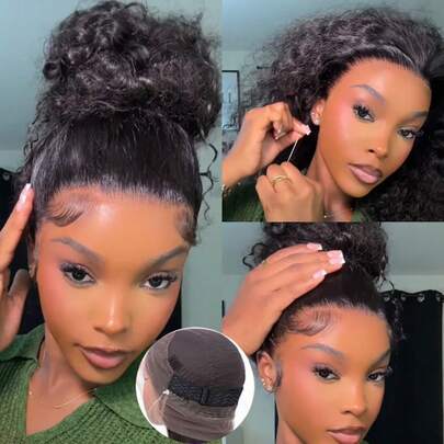 ZHENDEFA 360 Degree Lace Front Wig, Pre-Plucked, Water Wave, 360 Degree Full Lace Human Hair Wig, Women's Wet Wave High Definition Lace Front Wig, Curly Wig