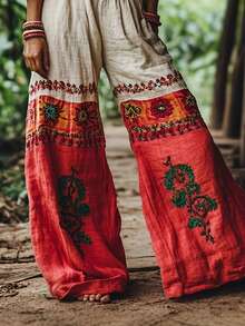 Ladies' Elegant Retro Bohemian  Casual Pants Beach Vacation Loose Printed Horn Wide Leg Pants Pants - Red - View 3