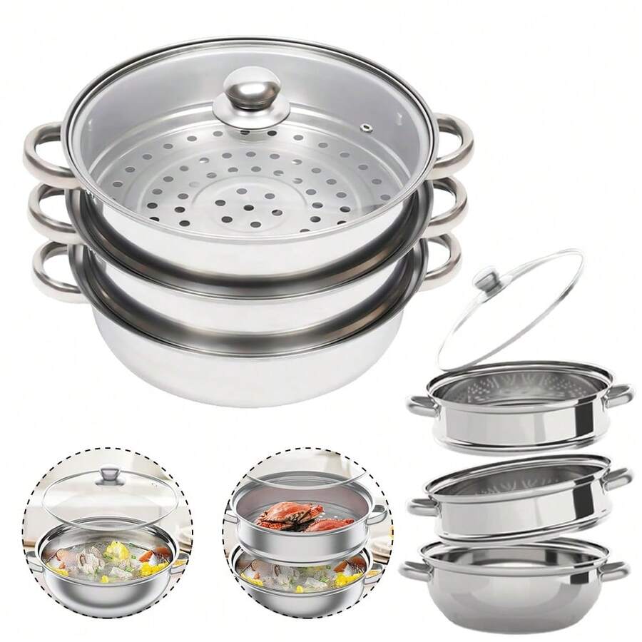 Stainless Steel Steamer With Multi-Layer  - Large Capacity, Stainless Steel Cooker For Steaming & Cooking, Dual-Purpose Household & Commercial Kitchenware, Commercial Cooking Equipment, Sleek Kitchen Gadget, Durable Kitchen Item - Silver - View 1