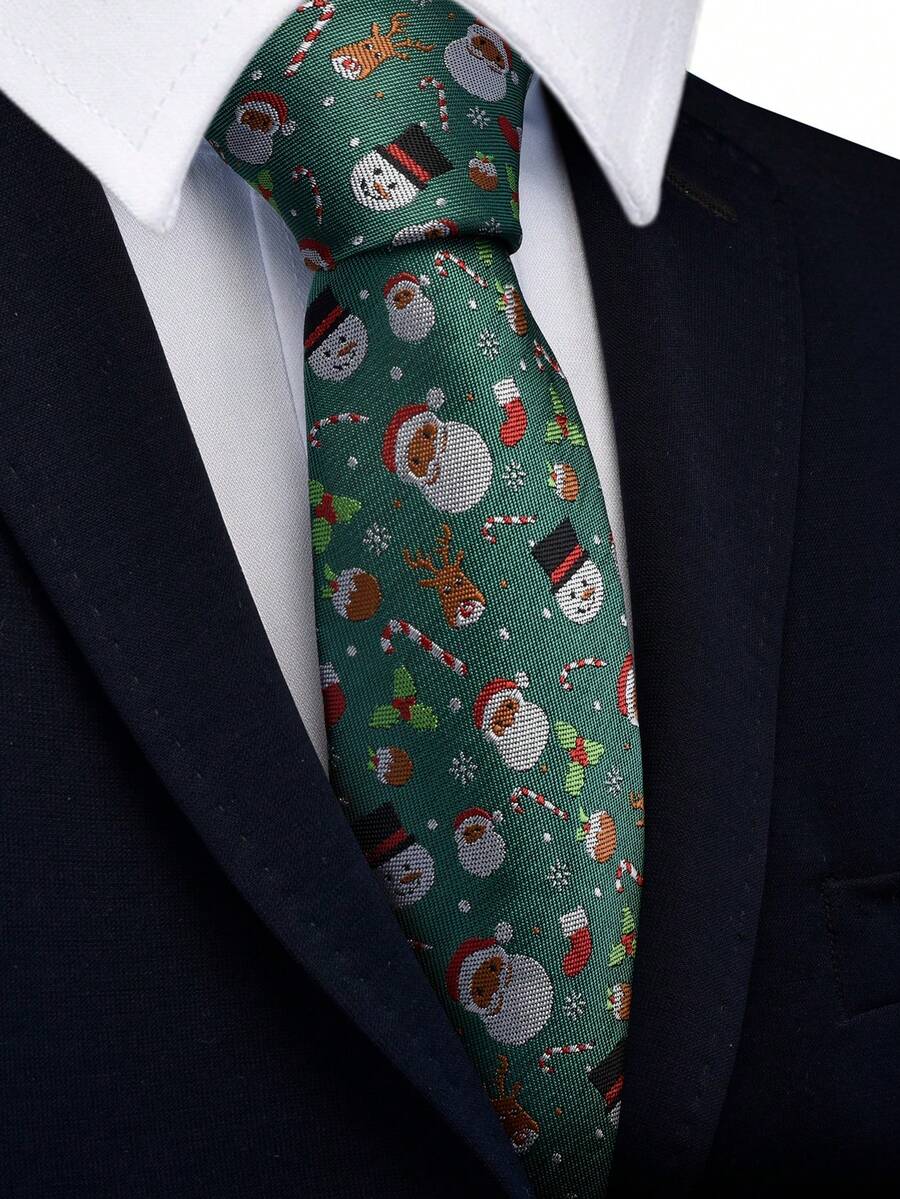 1 pieza Corbata de 8cm de ancho con diseño de árbol de Navidad, Papá Noel y copos de nieve, de alta calidad, regalo de fiesta navideña - Verde - Ver 1