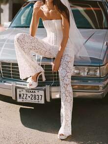 Women's Lace Bell Bottom Pants Mesh Flare Leg High Waisted Sheer  Goth Leggings Cover UpTrousers - White - View 3