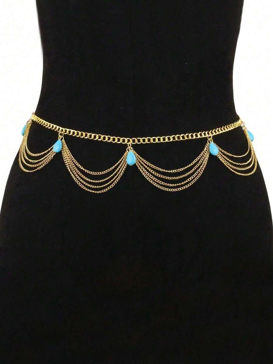 1pc Fashionable Versatile Retro Bohemian Turquoise Pendant Waist Chain - Yellow Gold - View 1