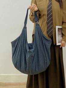 Large Capacity Plaid Pattern Shoulder Bag, New Autumn/Winter Dark Color Nylon Fabric Bag, Soft & Lightweight Foldable Women's Crossbody Bag, Casual & Practical Multipurpose Tote Bag, Suitable For Work, Study, Travel - Blue - View 5