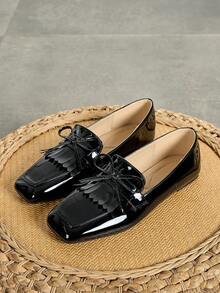 女士平底乐福鞋，饰有蝴蝶结流苏，黑色方头，百搭时尚，软底英伦风休闲一脚蹬鞋，秋季新品系列 - 黑色 - 查看 2