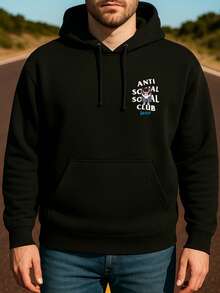 Sudadera Con Capucha De Cuello Redondo Para Hombre Con Estampado De Anti Social Columpio Bolsillo Canguro Y Cordón, Manga Larga, Suelta Y Casual, Ideal Para Regalar Como Ropa De Hombre Frent - Negro - Ver 2