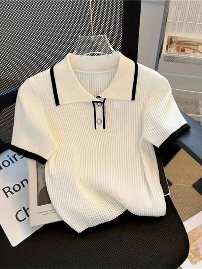 Y2K Summer New Knitted Short Sleeve T-Shirt Women, Fashion Stylish Rejuvenating Contrast Color Ribbed Knit Top, Cute Summer Blouse, Women Outdoor Top, Back To School Season