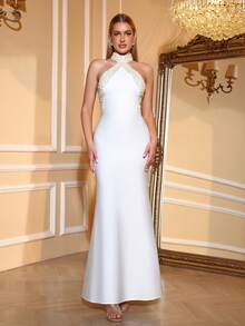 Love Aing 女士手工镶钻露背珍珠装饰奢华正式晚礼服/婚礼宾客/伴娘/派对/宴会优雅美人鱼连衣裙 - 白色 - 查看 1