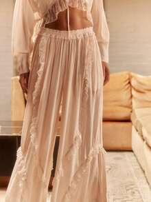 Women Deep V Lace Long Sleeve Top And Pants Set, Elegant 2 Piece Outfit For Party Or Evening - 黑色 - 查看 4