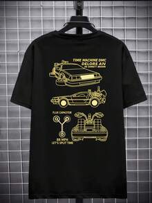 BT TF DeLorean Time Machine T-Shirt 100% Cotton, Relaxed Fit, Comfortable Fit, Street Hip-Hop, Statement Print, Double-Sided Print - 黑色 - 查看 3