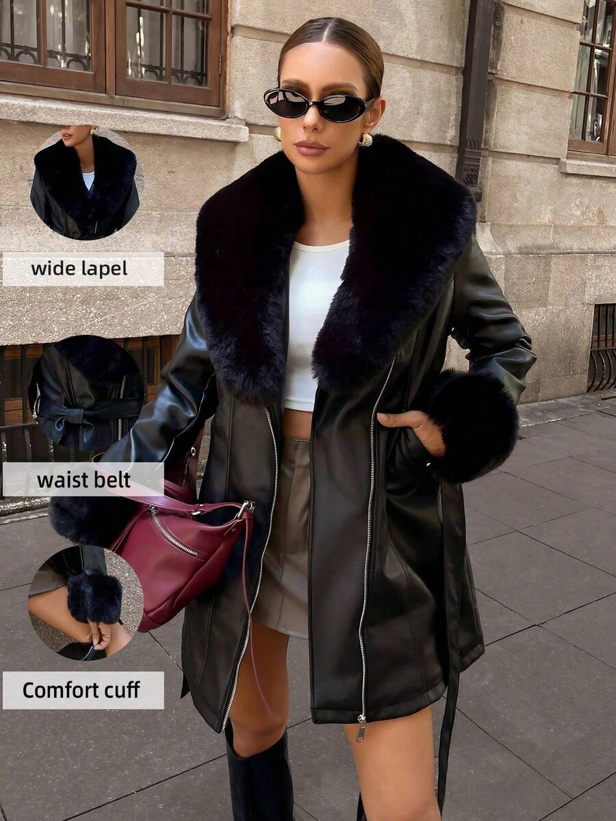 女士PU秋冬外套，大毛领，舒适贴身，带拉链口袋，赠送腰带 - 黑色 - 查看 1