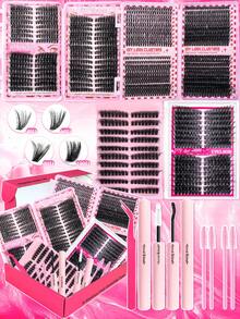 1824 piezas Kit de extensión de pestañas tipo D-Curl esponjosas, Set de extensión de pestañas DIY, pestañas individuales de 9-16mm 40D 60D 80D 100D, incluye pegamento para pestañas, sellador, pinzas, cepillo, apto para uso personal (9-16mm, Set) - Negro - Ver 2