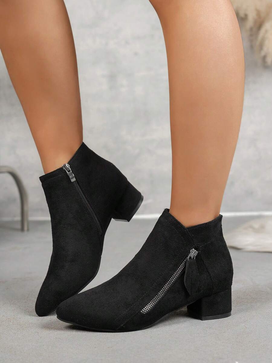 Women's Fashion Solid Color Pointed Toe Chunky High Heel Ankle Boots - Fashionable Soft Exterior, Diagonal Zipper Decor, Side Zipper, Suitable For Autumn/Winter