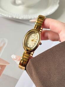 1pc Vintage Luxury Gold/Silver Color Petite Women Bracelet Watch, Fashionable Minimalist Elegant Quartz Watch, Suitable For Daily Wear, Birthday Gift - Vàng - Xem 2