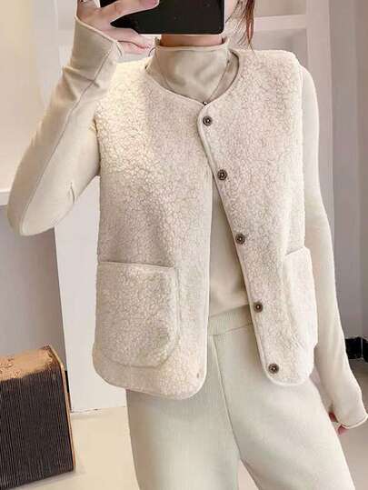 Women's Autumn/Winter Casual Daily Sleeveless Vest Outerwear Versatile Wool-Like Fabric Button Front Vest With Pockets