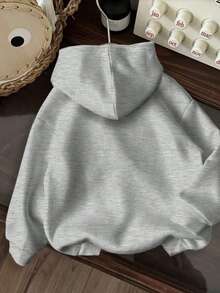 Casual Hoodie With Circular Design, Letter Print And Adjustable Drawstring - Gris - View 2
